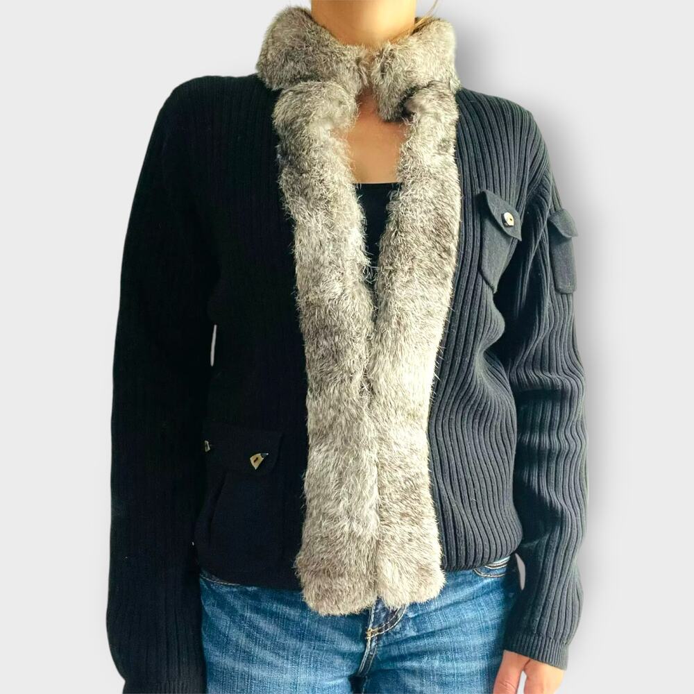 Jamie Sadock Cardigan Sweater Fur Trim Rubbed Black Long Sleeve Size Small Comfy